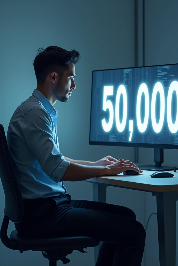 A man at a computer with the words 50,000 on the screen,