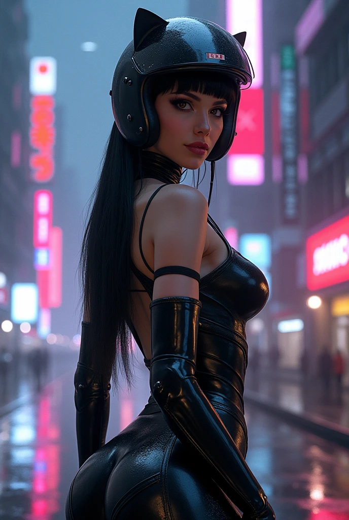 (masterpiece), (best quality), extremely delicate and beautiful, long black straight hair, elegant hair, (30 years old, hazel eyes, hourglass figure, perfect fit body, natural big breasts), ((perfect female figure)), rider girl, bodysuit, twintails, cyberpunk city background, cat ears helmet,