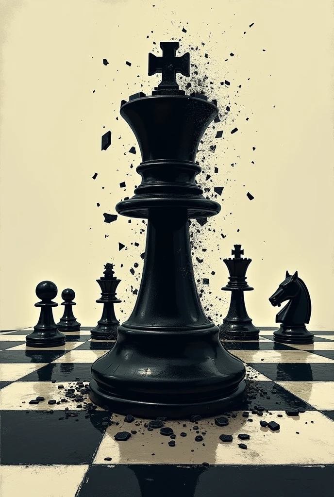 chess board only, no player, as the black king cumbles into pieces, as it is checkmated, chess expressionism art
