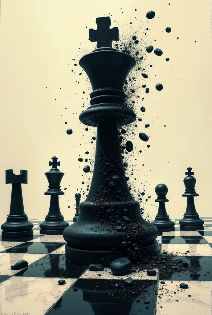 chess board only, no player, as the black king bles into pieces, as it is checkmated, chess expressionism art