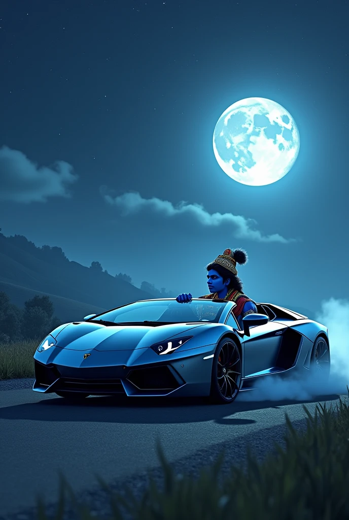 Lord krishna driving Lamborghini in the night at moon