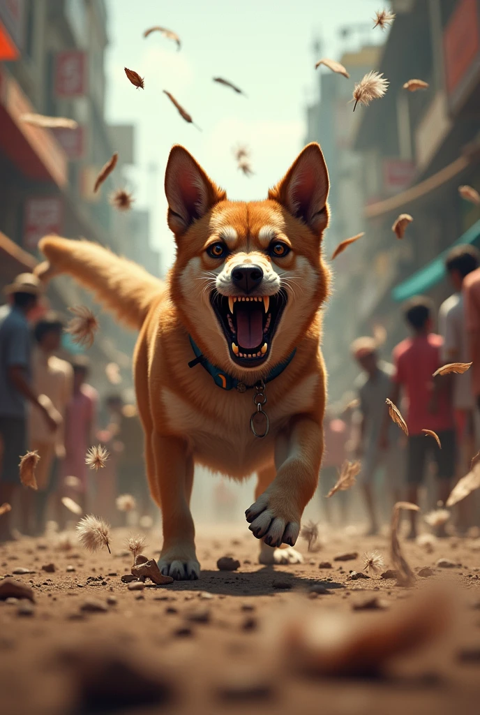 A angry dog and feathers flying in city full of people in india