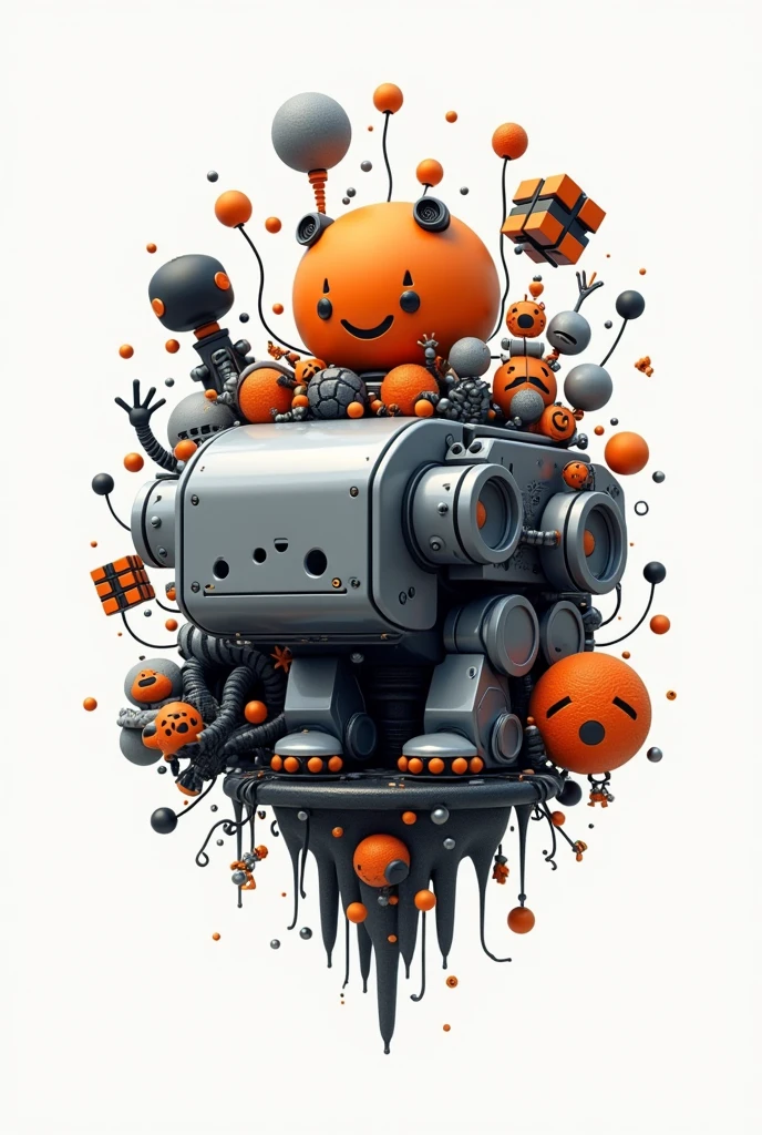 Trunk logo with robot toys, doll, magic cube with transparent background, black and orange, silver details