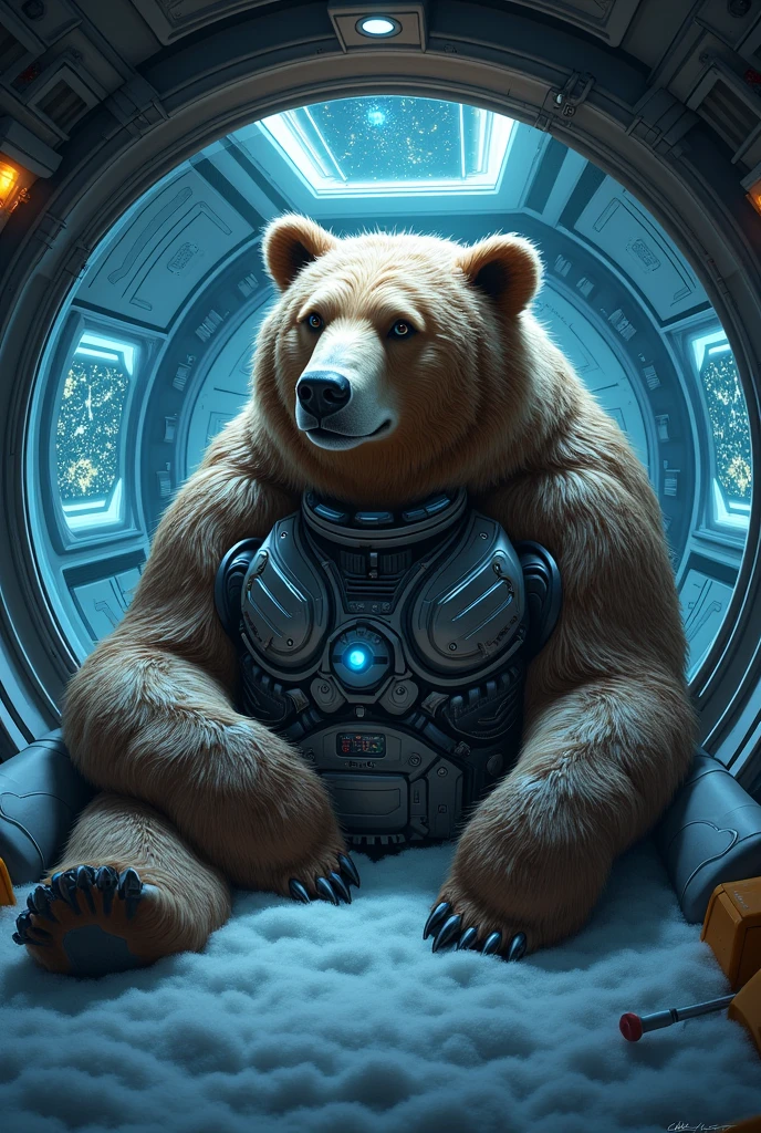 In the dimly lit interior of a futuristic spaceship, a majestic brown bear, enhanced with advanced cyborg technology, lies in a cryogenic chamber. The bear’s fur is interwoven with sleek metallic armor, and one side of its body reveals intricate, glowing circuits and mechanical organs beneath the surface. Its eyes, closed in deep hibernation, faintly emit a soft, electric blue light. The cryogenic chamber, encased in transparent, frost-covered glass, is illuminated by the cool, blue glow of the chamber’s internal lights and the subtle flicker of holographic monitors displaying the bear's vital signs. The surrounding spaceship interior is lined with sleek, high-tech equipment, with walls displaying constellations and navigation charts. Outside the small viewport, the vast expanse of deep space stretches infinitely, with distant stars twinkling against the inky blackness. The scene captures the serene, suspended animation of the cyborg bear, frozen in time, as it journeys through the cosmos within the cold embrace of its cryogenic chamber