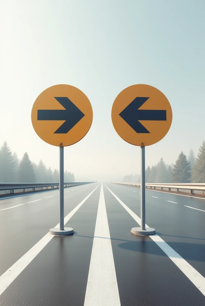 A road with two lanes and two large signs, one go ahead, black arrow and another with black arrow in the opposite direction with prohibition