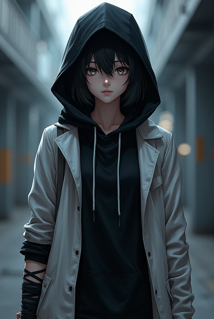 Black hair, black hoodie, white jacket on top of hoodie, black bandages on arm, anime style 