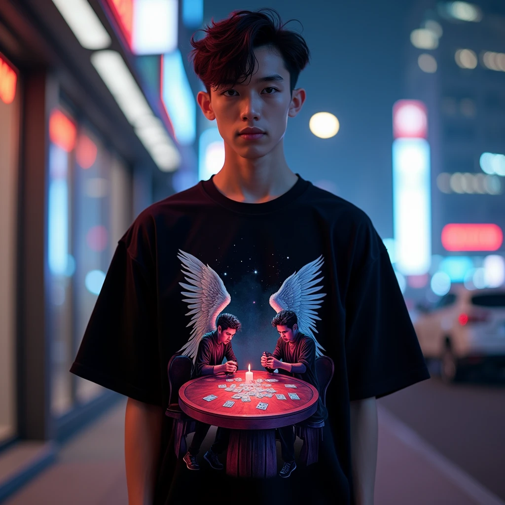 Fully facing the viewer is a fashion editorial style boy, he is wearing an oversized black t-shirt, the t-shirt has incorporated graphics An angel and a demon playing cards on a table illuminated by neon lights, with a modern city in the background. High fashion, fashion, style, editorial, magazine style, professional, highly detailed, 3d oversized t-shirt mockup, black color, streetwear style men by Virgil Abloh, NoirÉclat brand