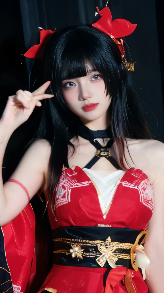 best quality, masterpiece,Ultra-high resolution,Clear face,Face Focus(real:1.4),Small face,Ultra-thin face,Ambient Lighting,Fupert Lighting,(Upper body photo), Skin Texture(Reality:1.50), 1 Girl, solo, Long hair, Black Hair, Double tail, Headband, mask,头发上的mask, Hair accessories, Yellow eyes, Purple dress, Chinese dress,Shut up,serious,Looking at the audience(Disdainful:1.6),The thighs can be seen,Second dimension character,cosplay,Anime idol poses,Thin legs,Long legs,Simple background,blur background