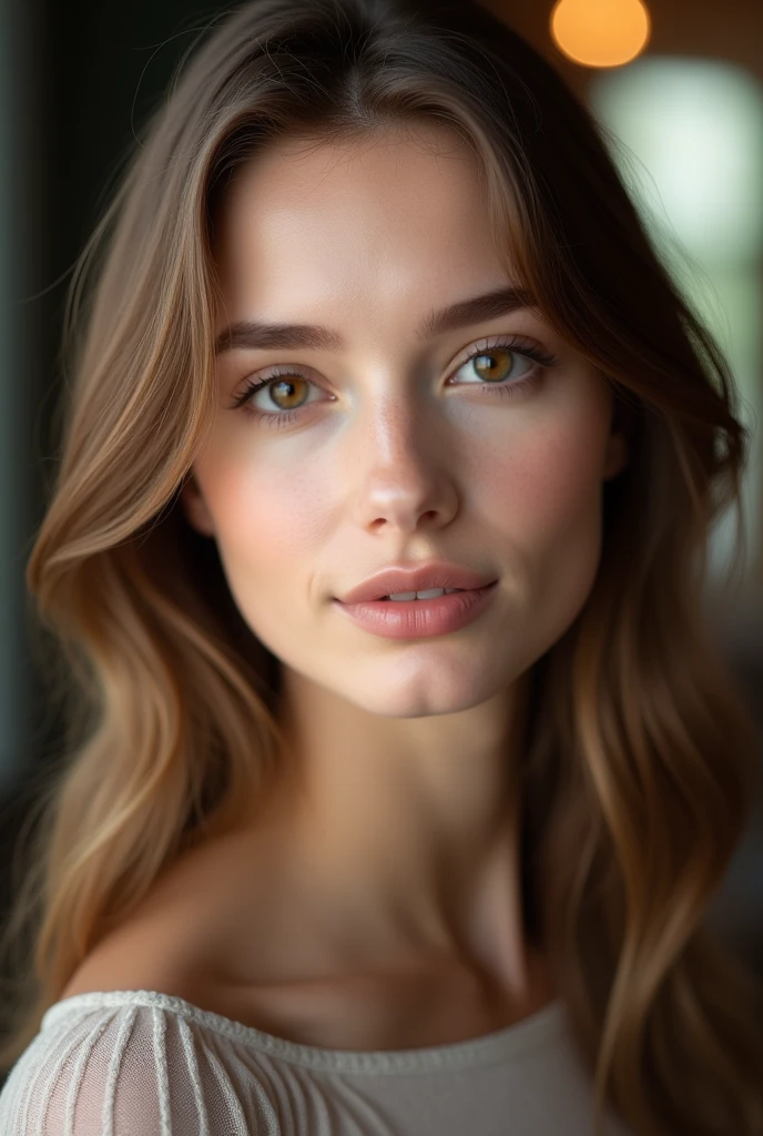 (high definition photography:1.6), Best Quality, professional portrait, ultra detailed, 8k, Professional lighting, F2.8, head shot, pretty girl, Beautiful, Perfect skin, (long light brown hair:1.3), very detailed brown eyes, detailed skin, (Pale skin:1.2), bokeh