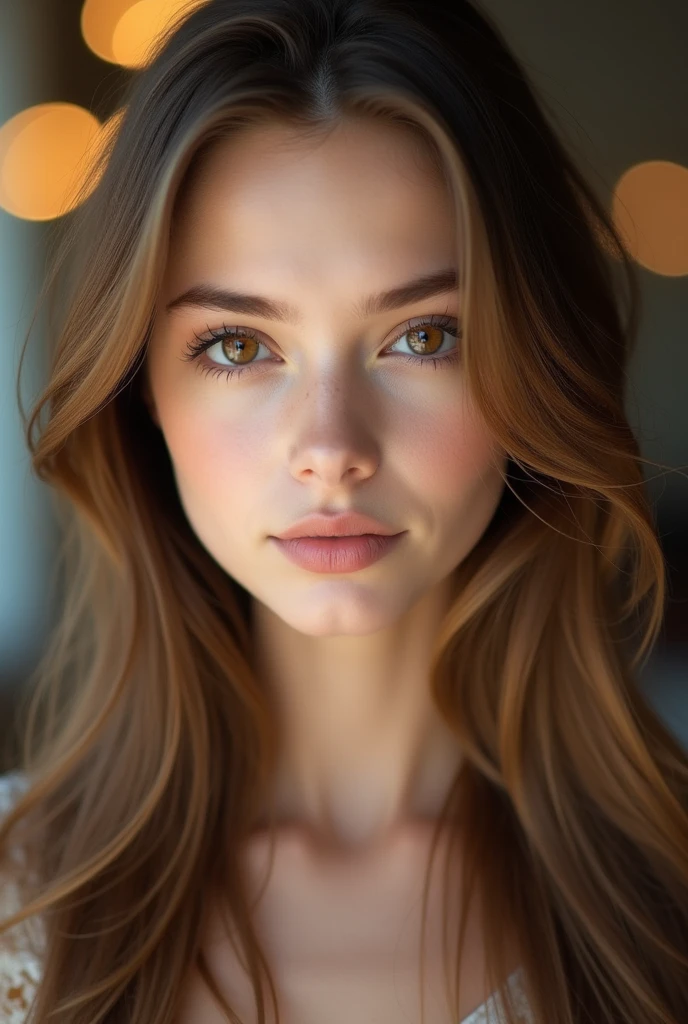 (high definition photography:1.6), Best Quality, professional portrait, ultra detailed, 8k, Professional lighting, F2.8, head shot, pretty girl, Beautiful, Perfect skin, (long light brown hair:1.3), very detailed brown eyes, detailed skin, (Pale skin:1.2), bokeh