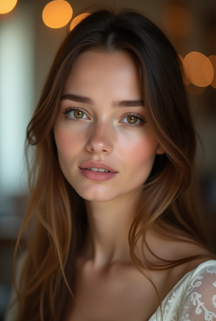 (high definition photography:1.6), Best Quality, professional portrait, ultra detailed, 8k, Professional lighting, F2.8, head shot, pretty girl, Beautiful, Perfect skin, (long light brown hair:1.3), very detailed brown eyes, detailed skin, (Pale skin:1.2), bokeh