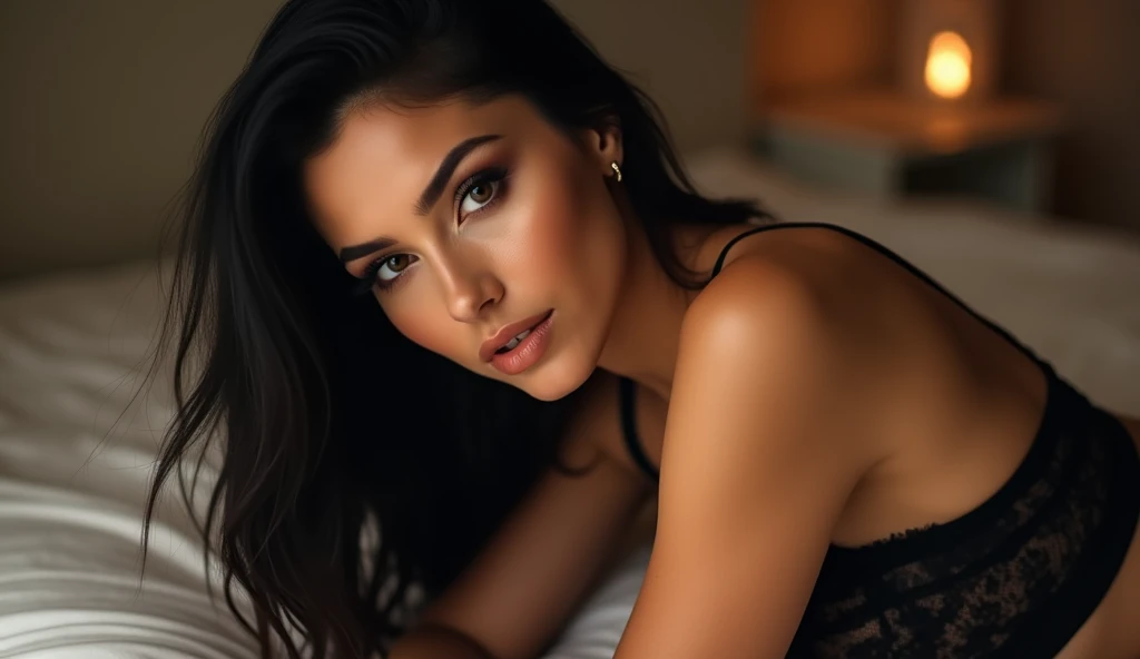 ultra realistic, photography, long black straight hair, elegant hair, (30 years old, hazel eyes, hourglass figure, perfect fit body, natural big breasts), femme fatale, she is wearing sexy lingerie and laying on her back on the bed in a erotic pose