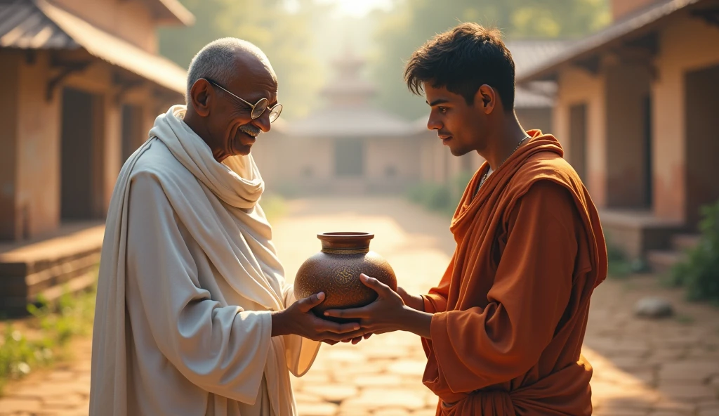 Mahatma ji and a young man are giving a pot to the ashram