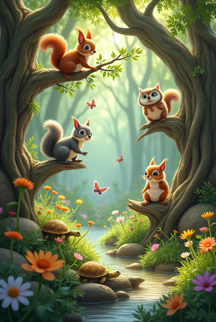 Forest animals like squirrels, turtles, and owls enjoying and playing in the magical garden.”