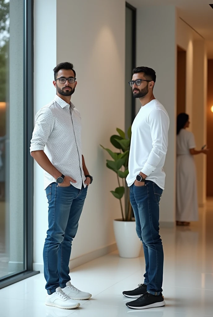 2 young men are waiting for their girlfriends in the reception area of the office, one young man is wearing a white printed shirt, jeans, white shoes and smart watch and the other is wearing a white full sleeve t-shirt, jeans, glasses and black sneakers, while the other is wearing a white Indian suit, black pallazo, white shoes and specs, his girlfriend comes