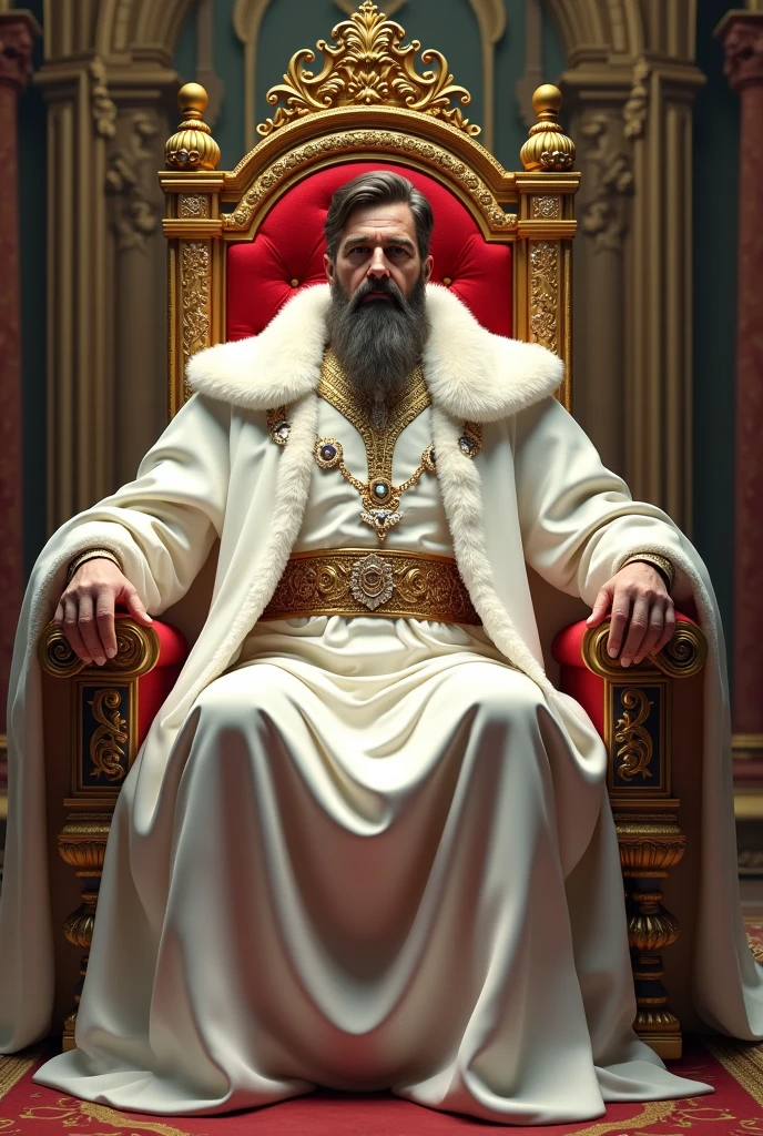 A mighty king sitting on a throne dressed in white