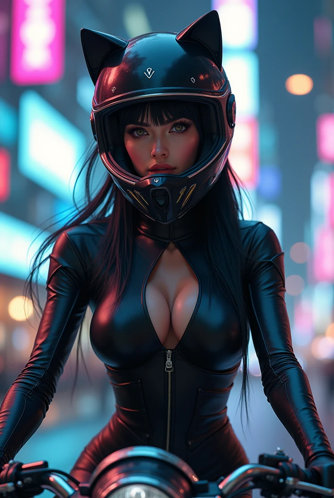 (masterpiece), (best quality), extremely delicate and beautiful, long black straight hair, elegant hair, (30 years old, hazel eyes, hourglass figure, perfect fit body, natural big breasts), ((perfect female figure)), rider girl, bodysuit, twintails, cyberpunk city background, cat ears helmet, riding a motorbike