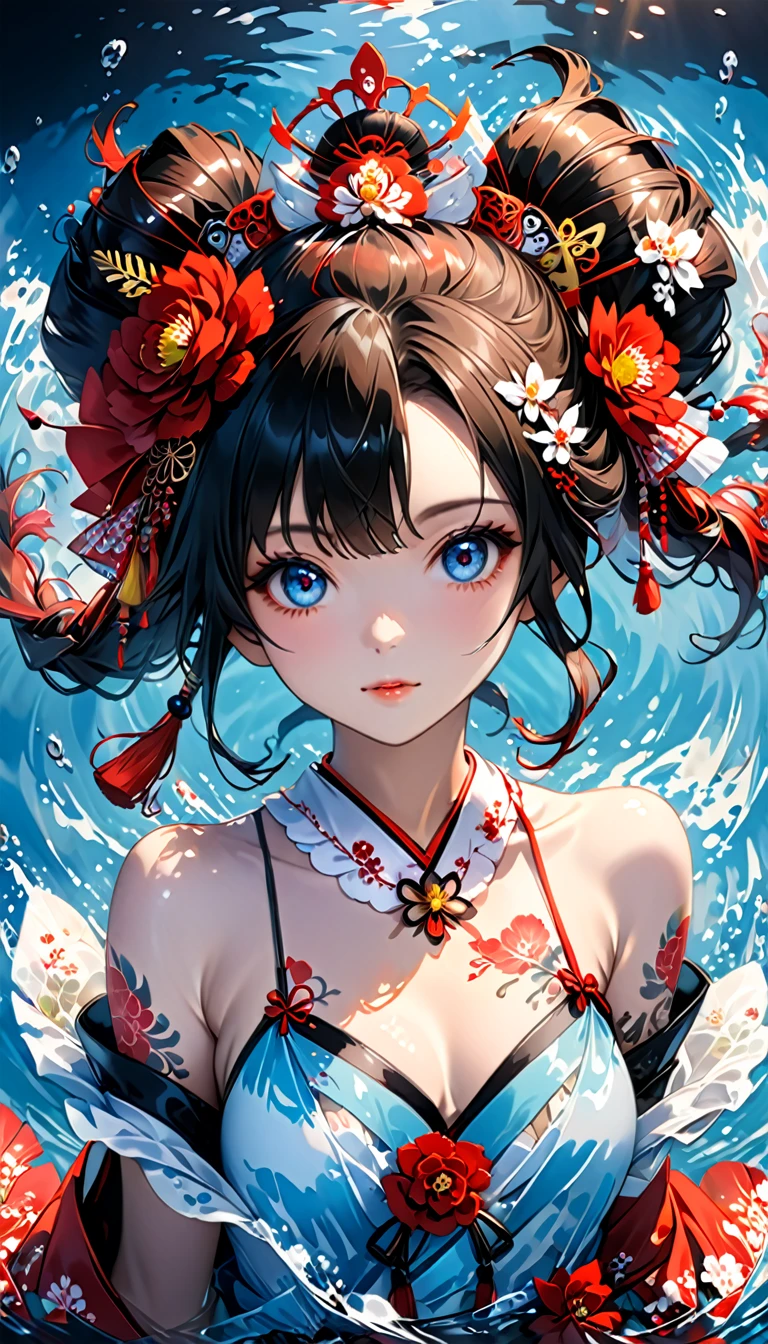 ,Ink painting, (((1 girl )), (((Tattoo in the middle of the forehead))), (((Oiran))), (((Great hair accessories))), Demon possession, , (((Masterpiece、Highest image quality、Highest quality、Extremely detailed unit 8ｋWall paper))), ((Illustration of one girl、Upper body covered))、(((beautiful girl))),  girl swimming underwater, Very detailed presentation style, It shines, Red Rose, light blue, brushwork, Ultra Realistic Oil Painting, Bright eyes, Head up close, Exaggerated perspective, Tyndall effect, drop of water, rainbow pearl, 3d white, black background,