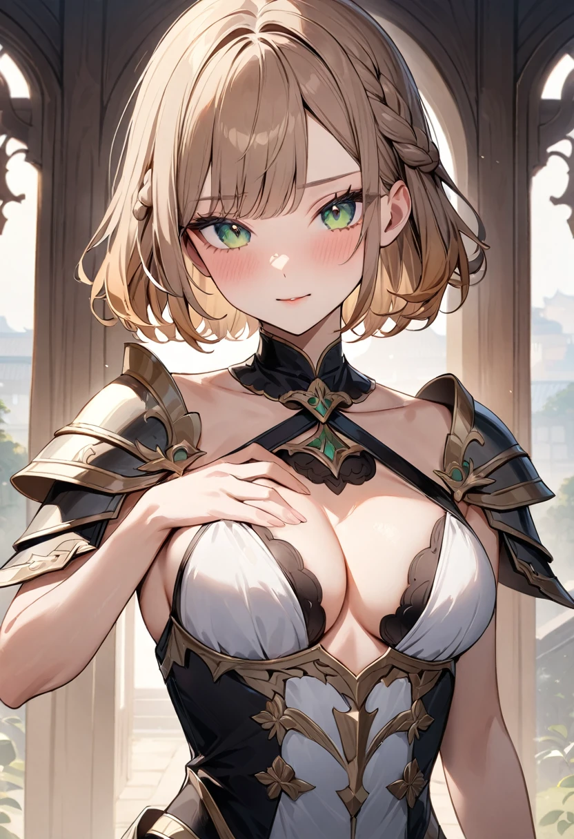 (masterpiece, top quality, very aesthetic, 4k、illustration), ()、intricate detail, 1woman,solo,contrapposto 、(gradient eyes、tareme)、hand on your chest、very short hair、parted bangs,Fair skin,(upper body)、beautiful women、clear face、、(),beautiful face、(gradient hair)、(braid light brown hair)、sidelock ,,green eyes、Warrior　、armored dress、medium breasts、slender 、