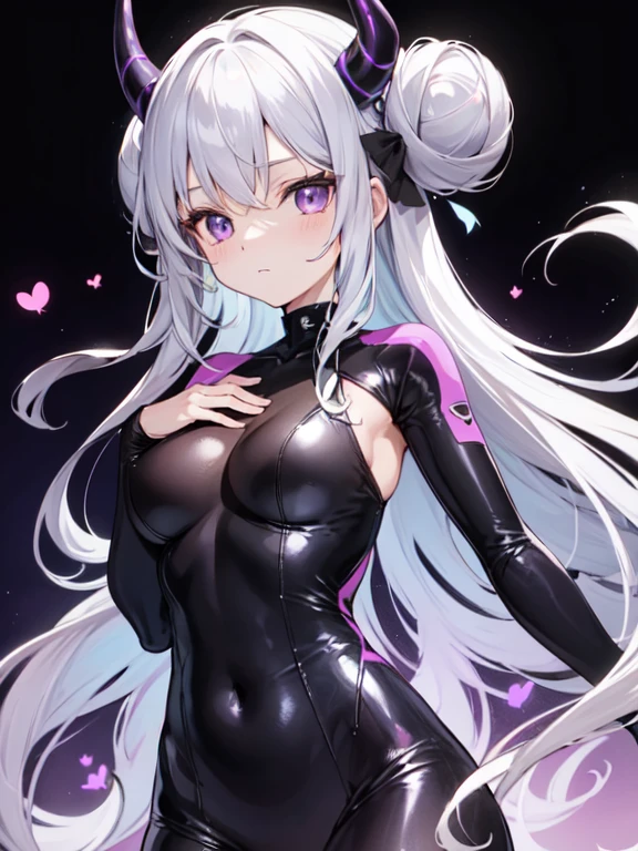 A cute anime girl with long silver hair in buns, purple eyes and black horns is wearing a tight one-piece bodysuit made of glossy lavenderspandex fabric with white trim that covers her chest