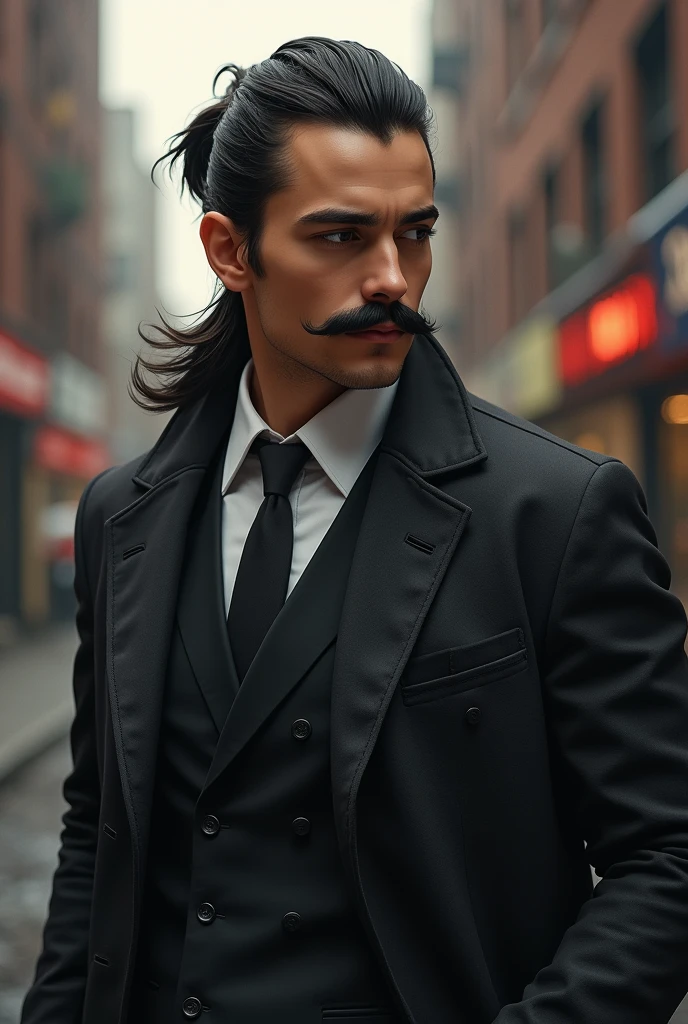 A young gangster who have 30 years old. He wears always coates and suits . Short forehead .looking admirable . Avg long hair with a pony tale . Have attitude in his face.  Good looking . Avg muscular . Have no beard but have a horseshoe shaped moustache
