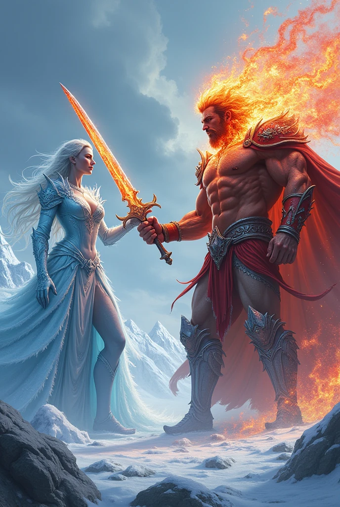 3D view, two giants, (one queen holding an ice made giant sword, the queen wearing ice and snow clothing) attacking a king holding a lava made giant sword (perfect muscle lines, tall figure)