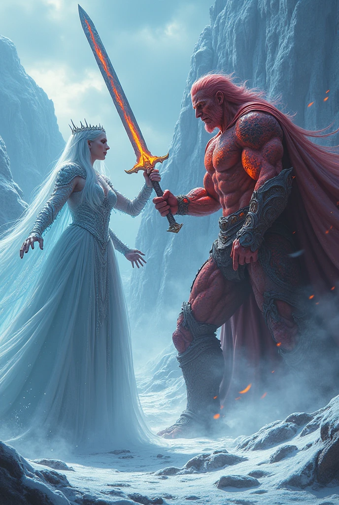 3D view, two giants, (one queen holding an ice made giant sword, the queen wearing ice and snow clothing) attacking a king holding a lava made giant sword (perfect muscle lines, tall figure)