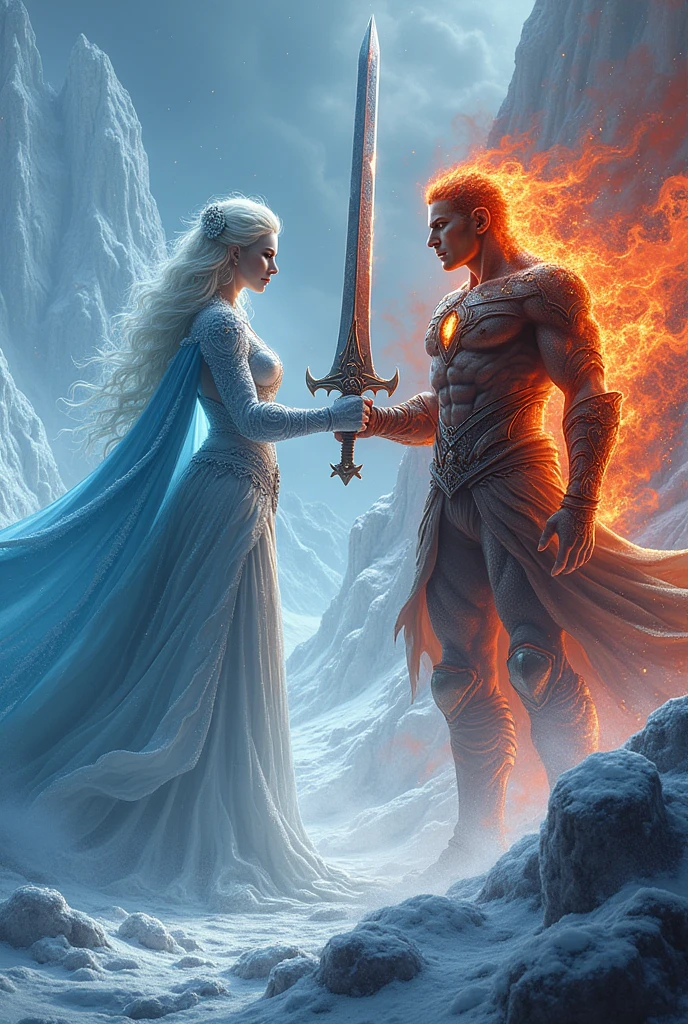 3D view, two giants, (one queen holding an ice made giant sword, the queen wearing ice and snow clothing) attacking a king holding a lava made giant sword (perfect muscle lines, tall figure)
