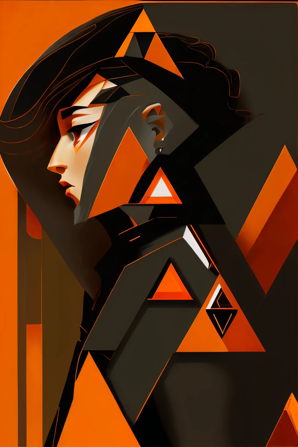 (masterpiece, 4K ,Super detailed,RAW Photos:1.2),figure, (Portraiture:1.2),(From the side:1.2),(Look to the right:1.2), (Simple OSO background,Black and orange background 1.4), (Art Deco:1.4), (Minimalism:1.4), (clean:1.4), (flat_color:1.4), (Geometric pattern:1.4), (triangle:1.5), CCDDA Art Style