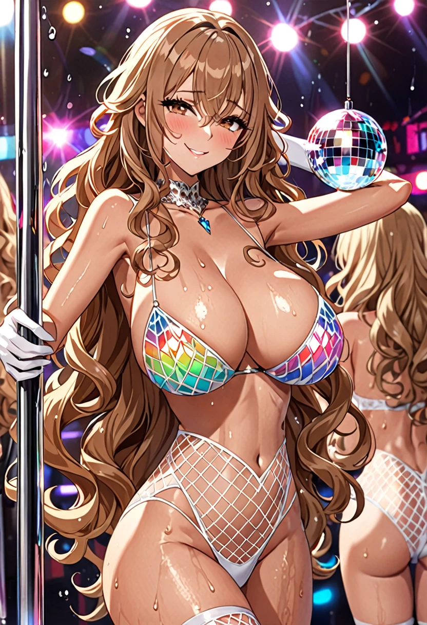 (Highest quality, Ultra-high resolution、The most complex and detailed depiction、masterpiece、8k, RAW Photos, Best image quality、Very detailedな顔、Attention to detail、Beautiful woman、Realistic、photo-Realistic、Very detailed, Beautiful attention to detail:1.5),(One adult woman:1.3)、(blush)、(Gal-style makeup、mascara 、eyeshadow、Dark eyeliner、Long and beautiful eyelashes、False eyelashes、double eyelid、heavy makeup、hostess、Brown eyes、:1.5),(A bra with a pale rainbow gradient butterfly pattern、Light rainbow gradient butterfly pattern panties:1.5)、Gorgeous jeweled necklace、Gold bracelet、A gorgeous gold tiara studded with jewels、Sheer white lace dress、Mesh fabric、White fishnet stockings,(White opera gloves)、(A seductive smile),(under boob、Huge breasts:1.2)、(Cleavage:1.2)、(((Light brown hair、Wavy Hair、Long Hair)))、elongated nose、Face with gills、(Very tanned and shiny skin、Perfect Style,sexy)、Saggy breasts、Large saggy breasts、((Sweat、Your body is wet))、((Dim Club、pole dance))、(Mirror ball)、Sleepy face