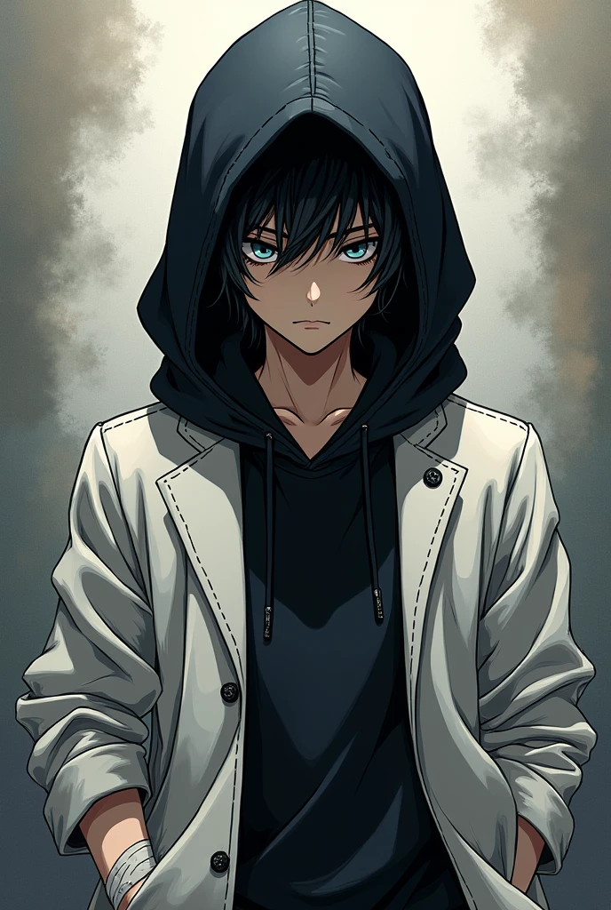 Black hair, black hoodie, white jacket on top of hoodie, black bandages on arm, anime manga style, boy