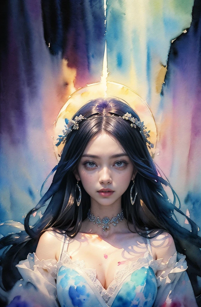 (Tabletop, Highest qualityの, Highest quality, Official Art, (beautifully、aesthetic:1.4), (Watercolor:1.4) ), (Izanami 1.5), 日本のgod話の女god, Majestic beauty, 創造の女god、生命の女god、Typically、((((Typically))))、Reincarnation Support, god'Grace, Gentle and meditative expressions, Flowing, celestial garments, Shine、Created all the landscapes and worlds on Earth, A dazzling dance of light, Whispers of Ancient Legends