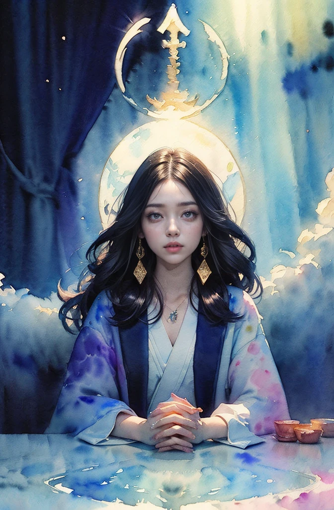 (Tabletop, Highest qualityの, Highest quality, Official Art, (beautifully、aesthetic:1.4), (Watercolor:1.4) ), (Izanami 1.5), 日本のgod話の女god, Majestic beauty, 創造の女god、生命の女god、Typically、((((Typically))))、Reincarnation Support, god&#39;Grace, Gentle and meditative expressions, Flowing, celestial garments, Shine、Created all the landscapes and worlds on Earth, A dazzling dance of light, Whispers of Ancient Legends