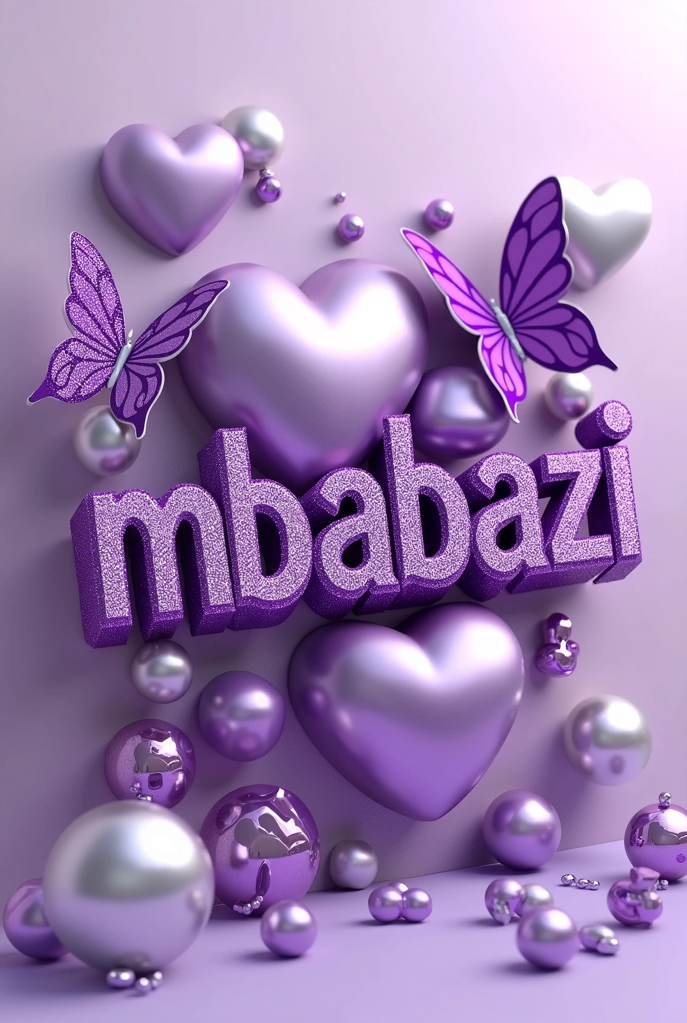 Name "Mbabazi" 3D metallic purple glitter with metallic purple heart, metallic purple butterfly, metallic purple peal. Everything in front 3D rendering, typography, 3d render, poster, fashion