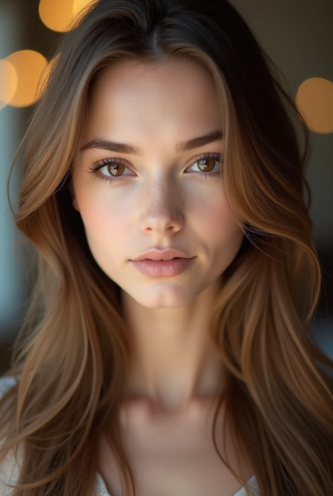 (high definition photography:1.6), Best Quality, professional portrait, ultra detailed, 8k, Professional lighting, F2.8, head shot, pretty girl, Beautiful, Perfect skin, (long light brown hair:1.3), very detailed brown eyes, detailed skin, (Pale skin:1.2), bokeh