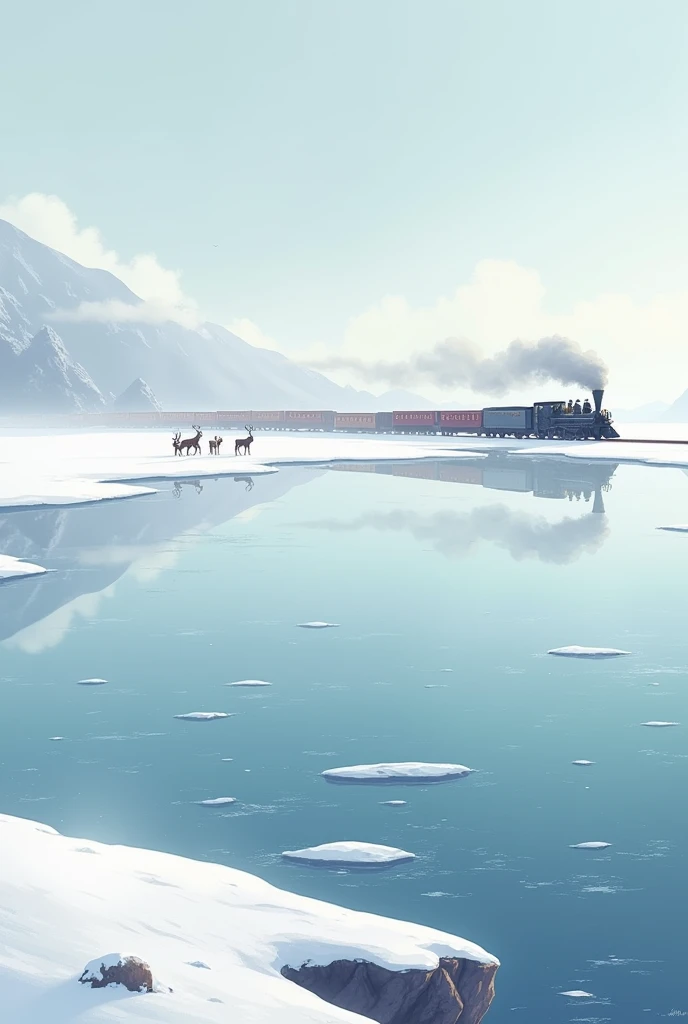 train in snowy plain and huge lake.and a lot of reindeers and dont without mountains
