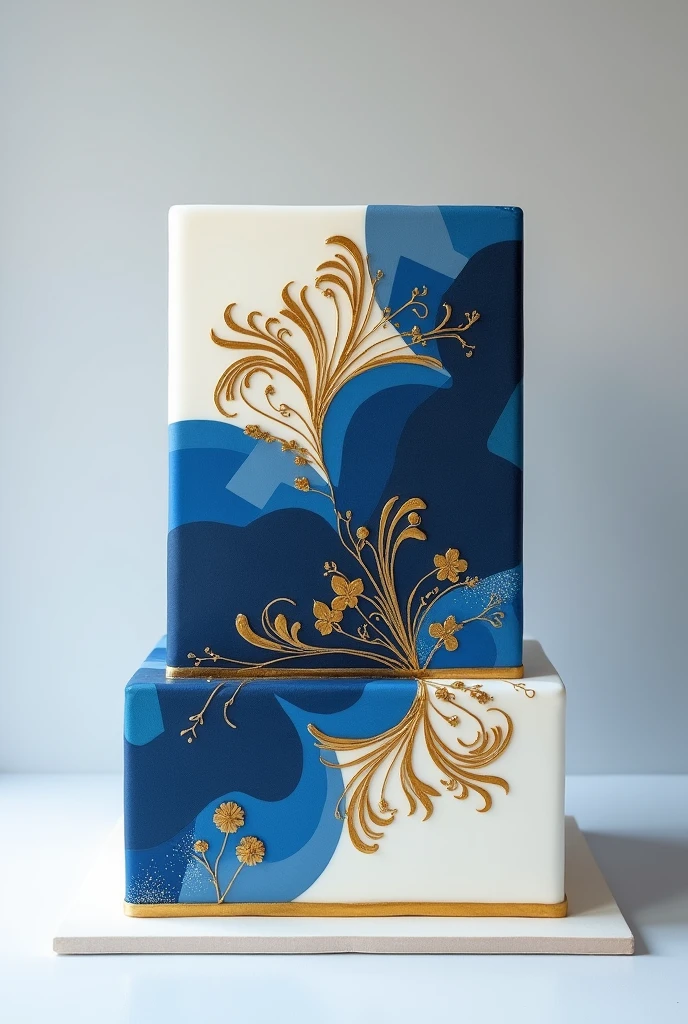 white rectangle cake designed with colour dark blue and gold