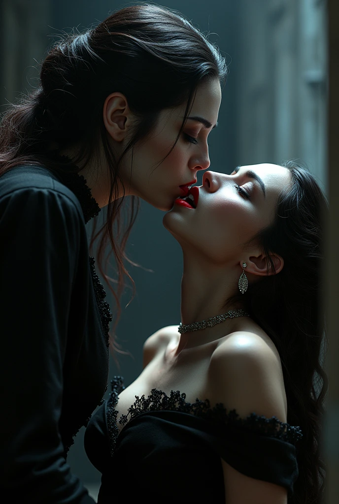 Female vampire bite woman on neck