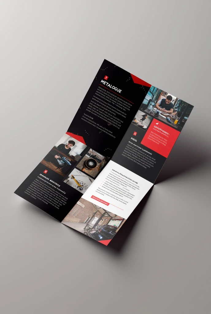 Pamphlet of a studio named METALOGUE 
SHOUKD INCLUDE PHOTOGRAPHY VIDEOGRAPGY
PODCAST VIDEO EDITING AMD SOCIAL MEDIA MANAGEMENT GRAPHIC DESIGNING 
A STYLISH PAMPHLET BLACK AND RED SHOULD MAINLY HIGHLIGHT PHOTOGRAPHY AND VIDEOGRAPHY/ADMAKING