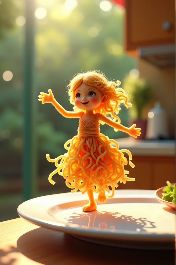 Lenardo Ai prompt - " A whimsical minature figure composed of delicately arranged noodles poised in a carefree dance on the rim of a plate white shiny plate set on table vibrant kitchen backdrop where doppled sunlight filters through the canopy above casting intricate shadows the overall asthetiv is ethereal with warm earthy tones of siena umber infused with hints of emerald and golden light evoking a sense of wonder and enchantment as if plucked from a fantastical realm. Lamba labs Ai prompt -"