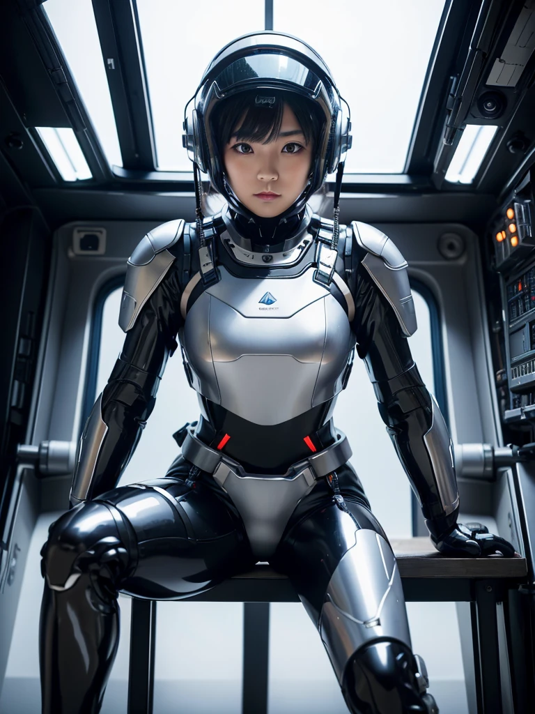 masterpiece, Highest quality, Very detailed, Japanese Android girl, Beautiful 2 Japanese woman, Plump,Slightly thicker,Control panel,Android,cyborg,Blunt bangs,Sitting in the cockpit,Black and silver robot suit,Thick harness belt,Helmet