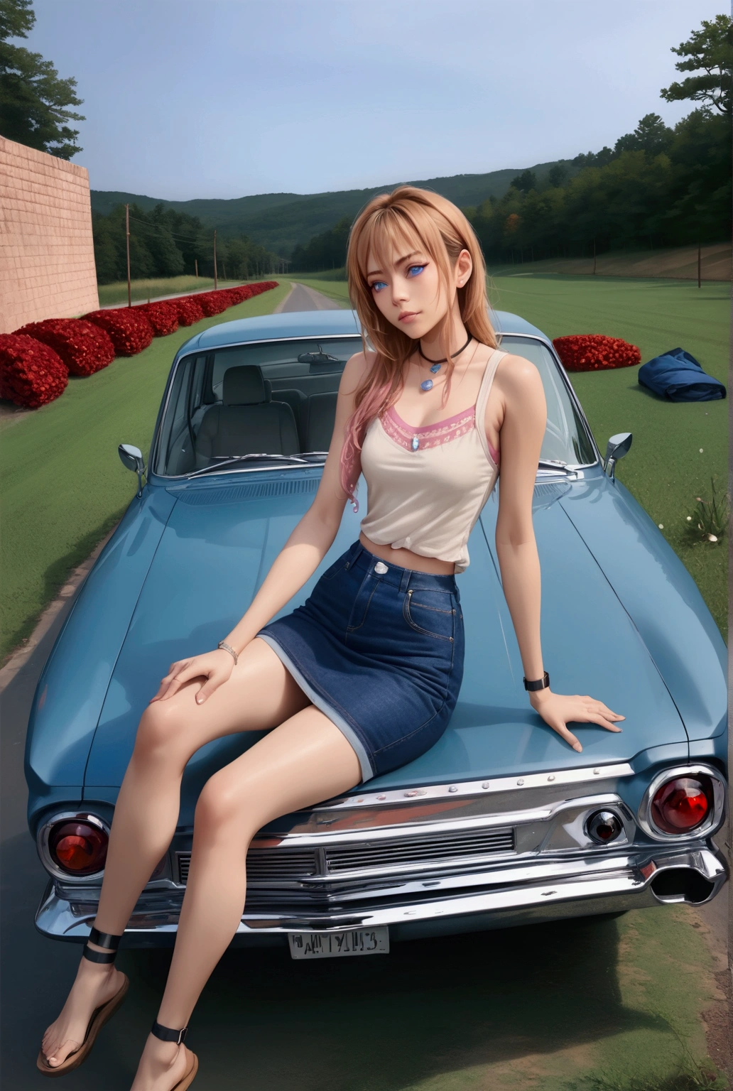 realistic anime illustration of  young  woman is sitting on car 's hood, she is wearing sleeveless shirt, denim pencil skirt (1girl, solo, full body), (masterpiece, best quality, japanese anime style), (expressive eyes, perfect face)