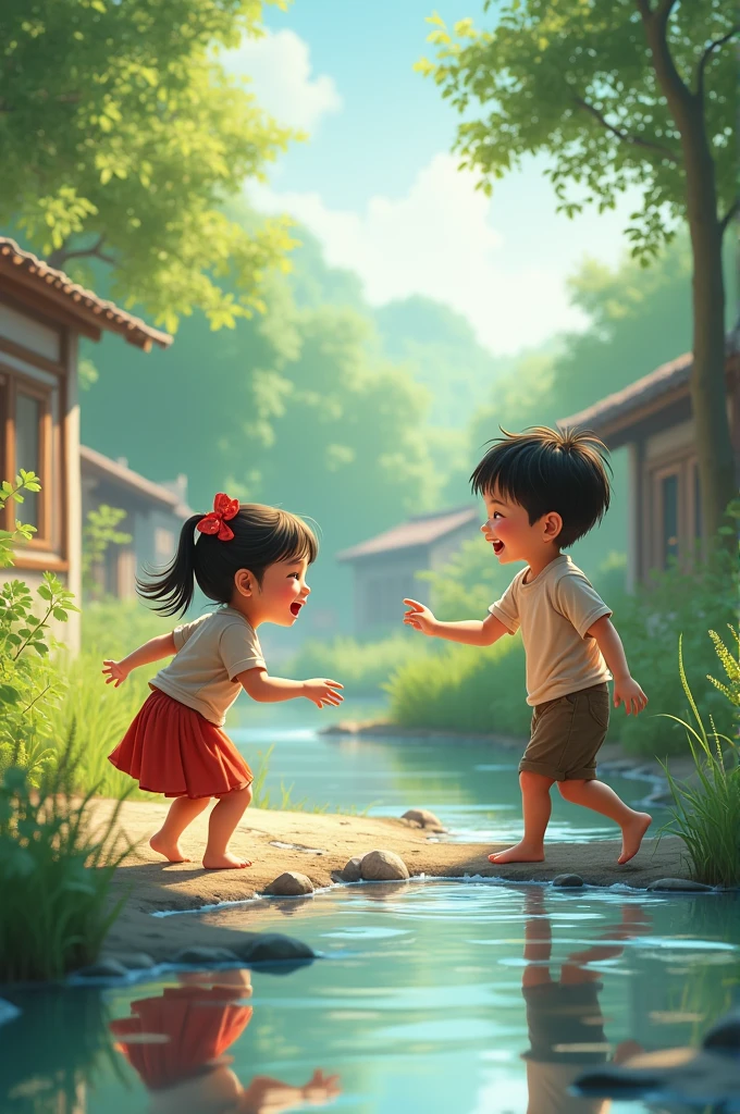 A village scene with two young children playing together by a riverbank, showing a strong bond of friendship between a boy and a girl. The background is filled with lush greenery and a serene river flowing gently.