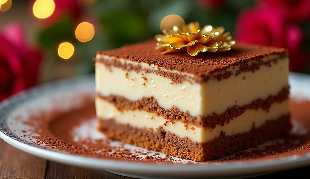 "A close-up shot of a delicately prepared Tiramisu with a dusting of cocoa powder and a festive gold leaf, representing luxury and celebration. The dessert could be presented on a festive plate or surrounded by festive decorations."
