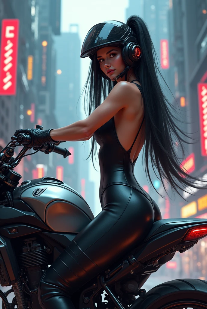 ultra realistic, (masterpiece), (best quality), extremely delicate and beautiful, long black straight hair, elegant hair, (30 years old, hazel eyes, hourglass figure, perfect fit body, natural big breasts), ((perfect female figure)), rider girl, bodysuit, twintails, cyberpunk city background, helmet, riding a motorbike