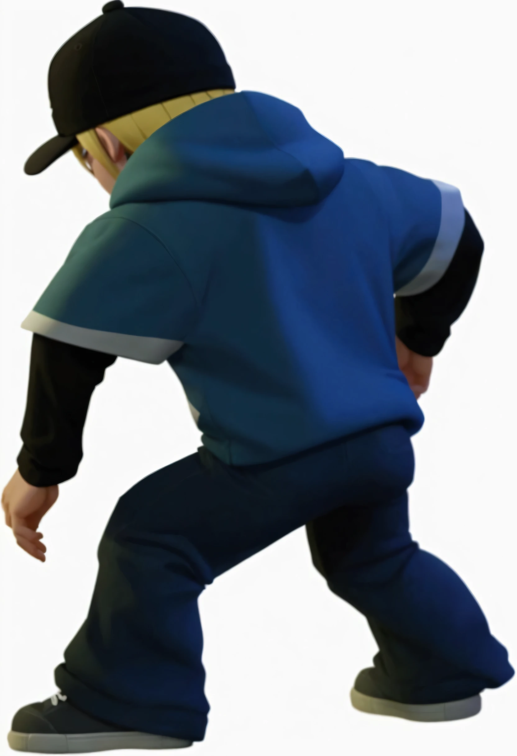 A Cartoon Characters boy with his back to the camera,Wearing a blue hoodie、bionde,Wears a black cap,Wear dark blue jeans,Blue sneakers,Hip Hop Street Style,More character details,Realistic clothes folds,Muscle male image,Bending action,Cartoon Characters,Cartoon shading,ue5 render,3D Rendering,