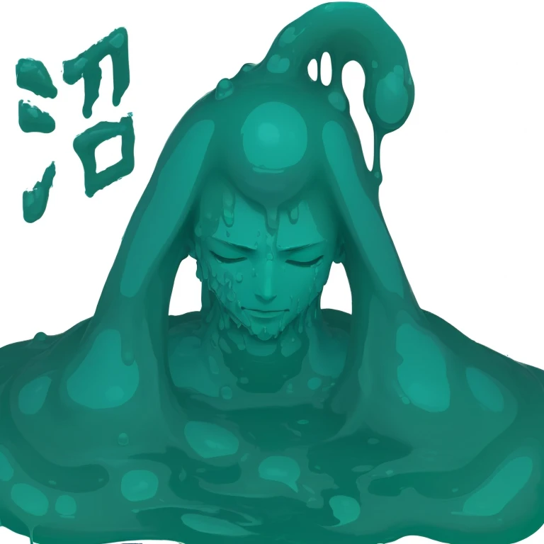there is a green statue with a man sitting on it, Character is covered in liquid, Exhausted God, Slime, Slime and tentacles, Slime monster, Miku, toxic Slime, weird expressionist pose, Tatsumaki, green Slime dripping, water dripping off him, Dripping Skin, Drawn with Microsoft Paint, Muscular! green, Water element, Slimes