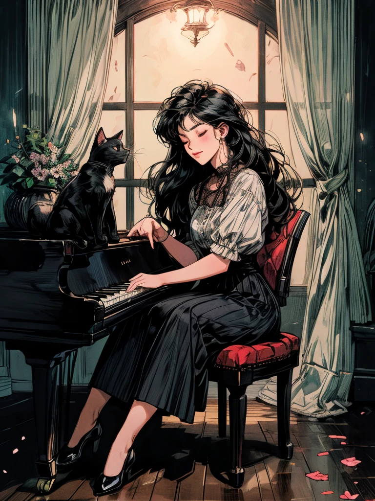beautiful woman(((full body))), ((background house)), (best quality), 1girl, solo A room with glass windows, curtains, a young woman with long black hair, eyes closed, sitting on a chair playing the piano at night. There are flowers, flower pots, a table, a wine glass, a wine bottle, a lamp, and a black cat