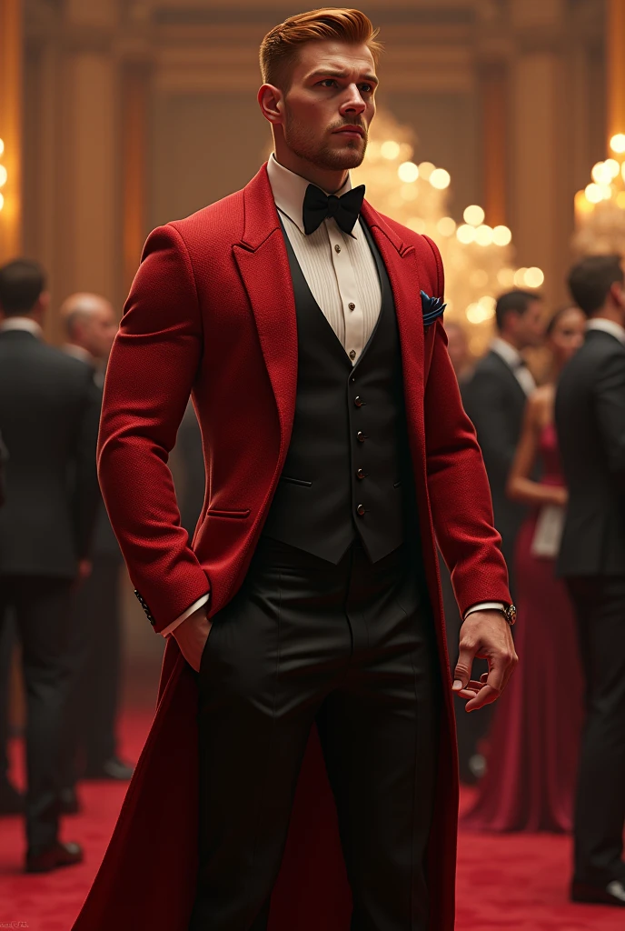Ryder is a 6’5” absolute monster of a Caucasian bodybuilder. He is wearing a fireman’s dress uniform, which is stretched tight to accommodate his massive frame. He had deep red-brown hair, is clean shaven, and his shoulders are three times wider than his waist. He is standing looking suave at a charity ball