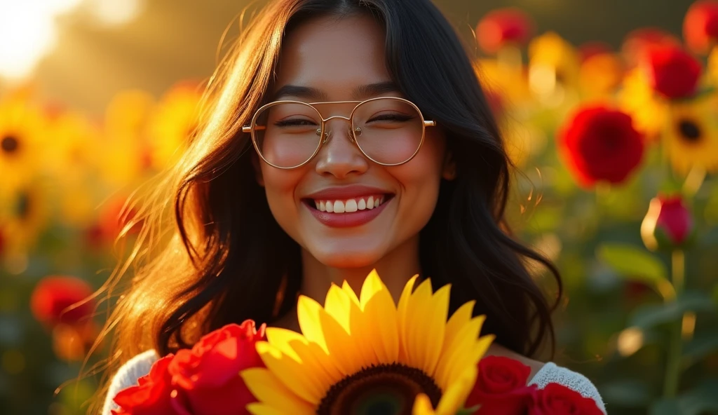 Beautiful  with glasses, long black hair, bouquet of sunflower and red roses, bright colors, smiling, 8k quality, cinematic focus, closed eyes